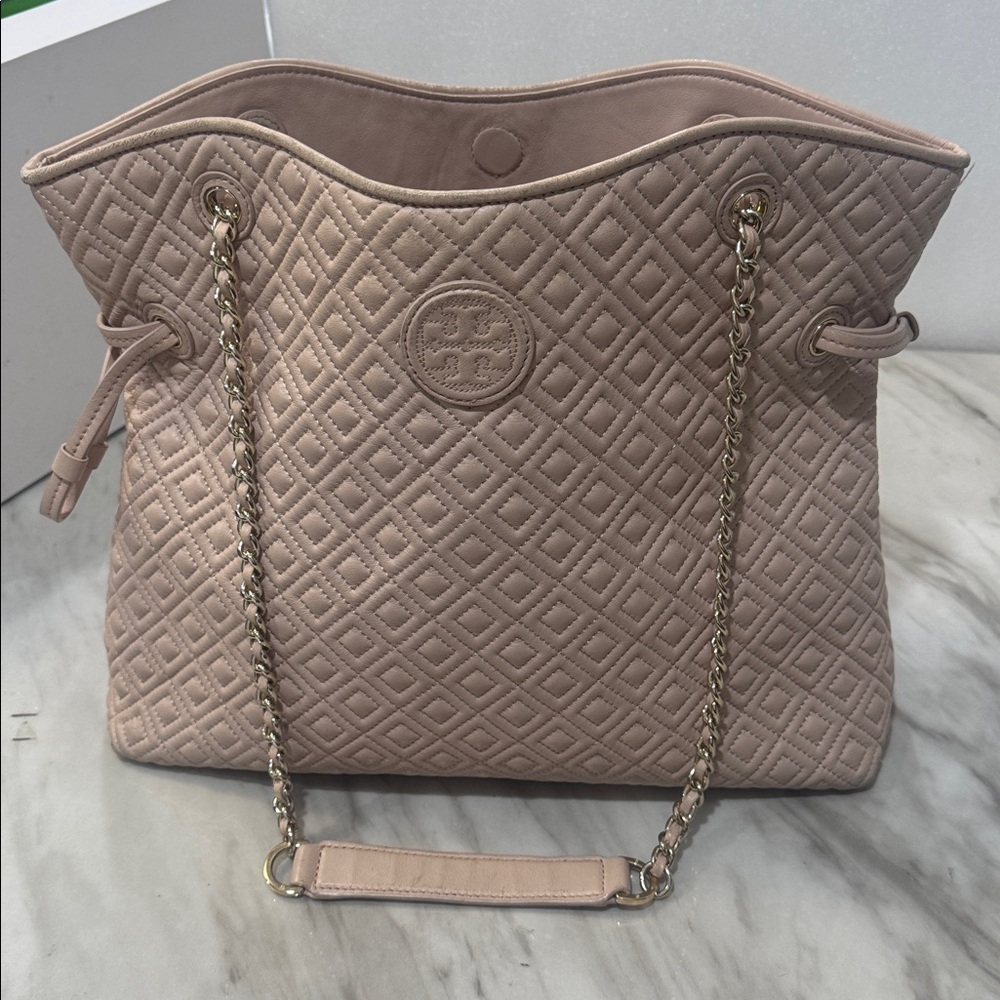 Tory Burch Marion Quilted Leather Slouchy Tote Shoulder Bag Peach Colored